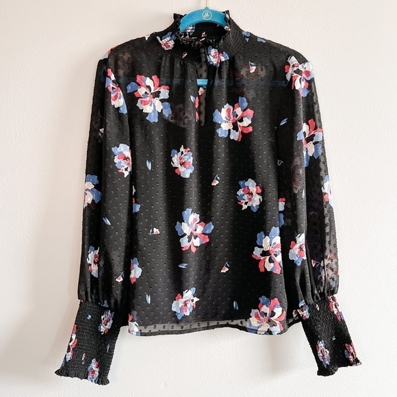 Laundry by Shelli Segal Mock Collar Sheer Black Floral Long Balloon Sleeve Small - Picture 1 of 9